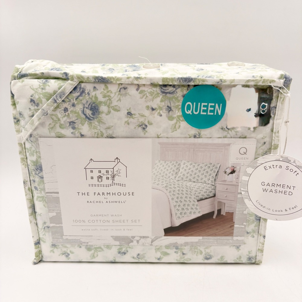 The Farmhouse Rachel Ashwell Queen Sheet Set‎ 100% Cotton Blue Floral Rose NEW